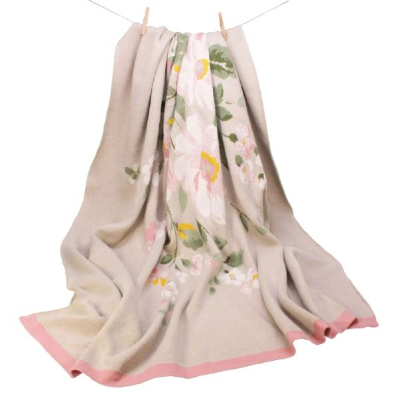 gebloemde deken gebreid, creme/zacht roze